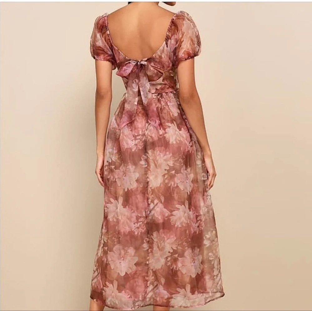 Lulus Lovely Statement Floral Organza Tie Back Puff Sleeve Midi Dress Size Small